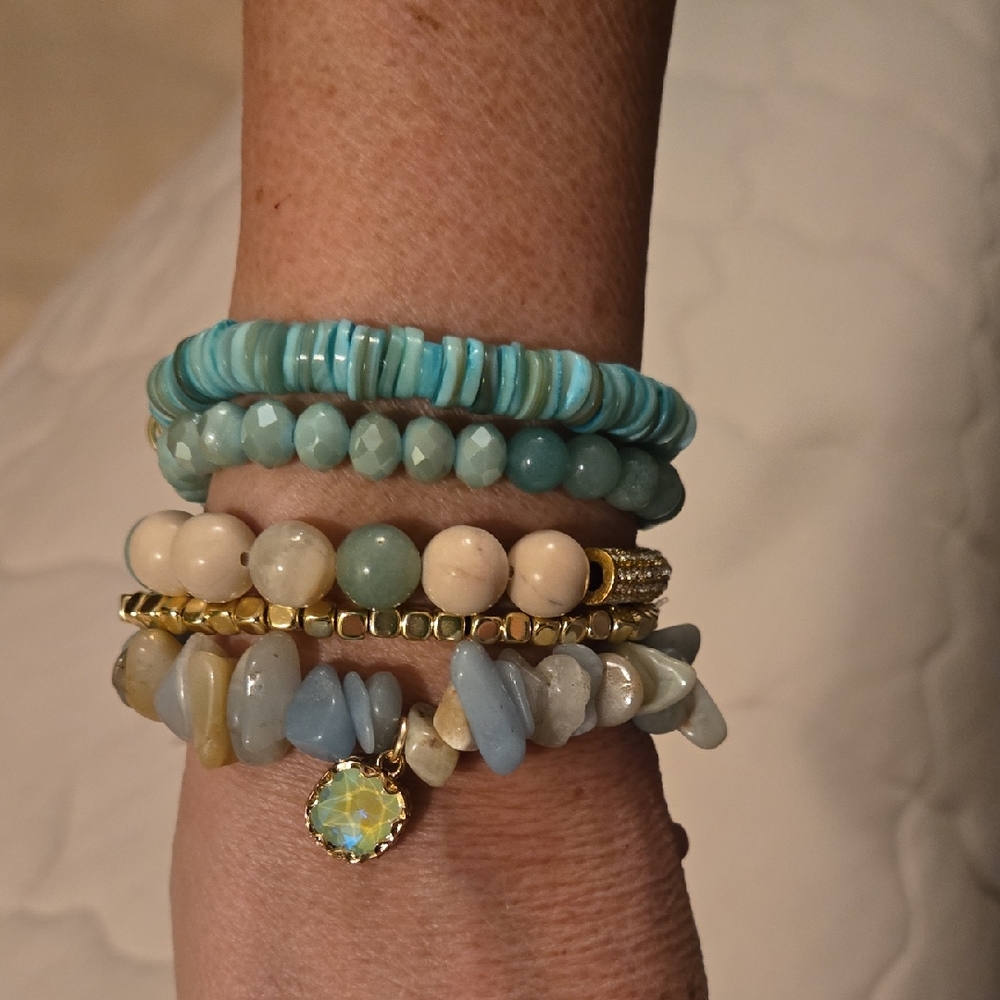 dylan Turquoise, Cream & Gold Stacked Beaded Bracelet Set